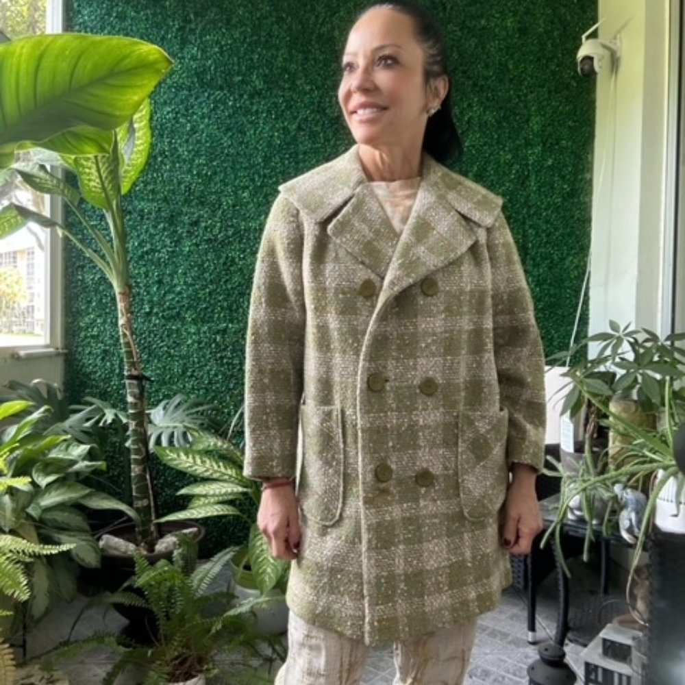 1960s Green Beige Plaid Loose Fit Long Jacket Tweed Coat Jackie O